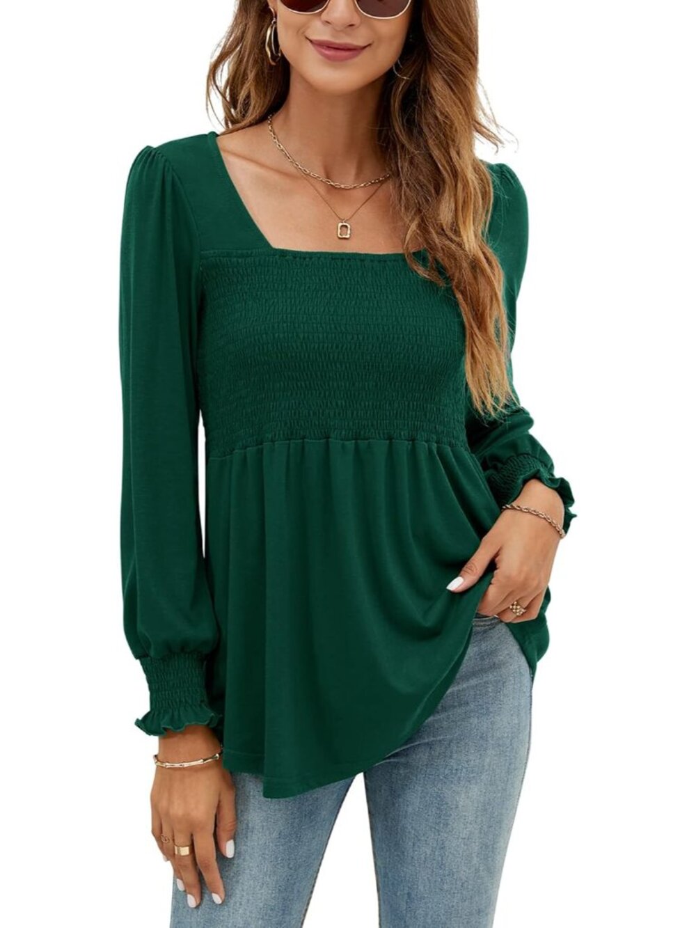 Blouses for Women Puff Long Sleeve Shirts Square Neck Casual Smocked Tunic Tops